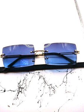 Square Sunglasses Gold Frame- Blue Lenses UV300 Unisex + Dustbag
